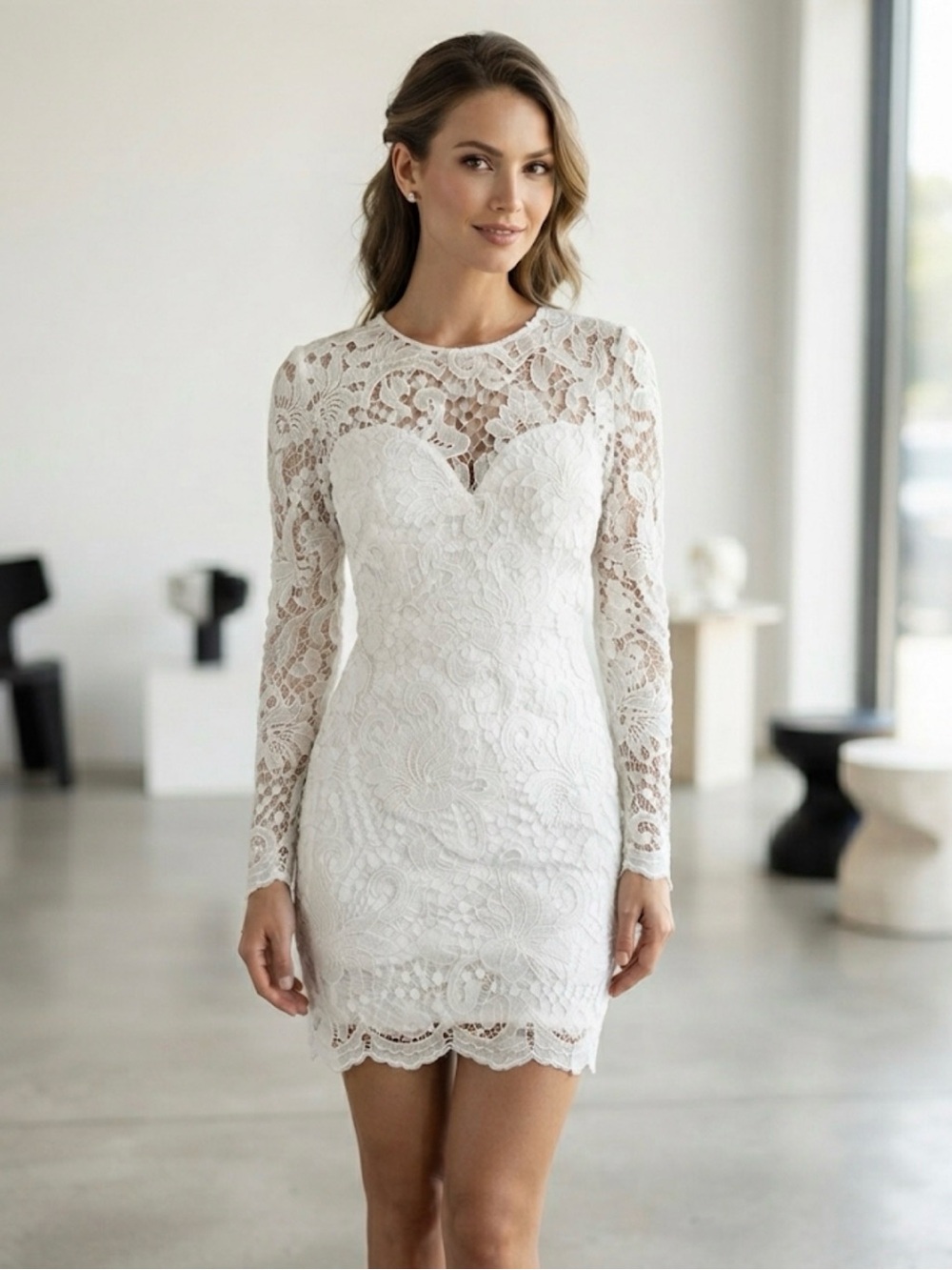 White Lace Long-Sleeve Sheath Dress